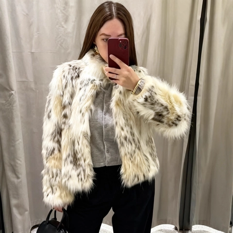 Damen Mode Kunstpelzmantel Gefleckter Tierdruck Winter Warm Stehkragen Langarm Jacke Dicke Plüsch Oberbekleidung