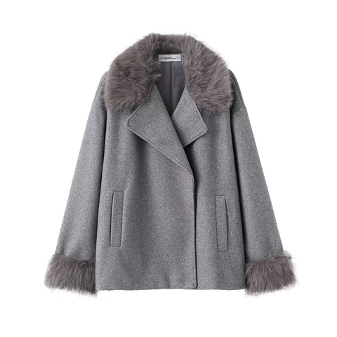 Women's Elegant Gray Woolen Coat With Faux Fur Collar Solid Color Long Sleeve Suit Collar Warm Jacket For Autumn Winter