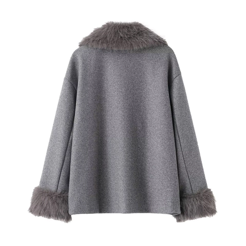 Dames Grijze Wollen Jas Met Kraag En Manchetten Van Kunstbont Kort Jack Effen Kleur Elegant Warm Herfst Winter Bovenkleding