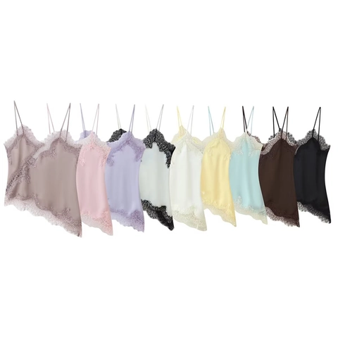 Dames Sexy Kant Satijn Cami Top Asymmetrische Zoom Rugloos Spaghetti Bandjes Lingerie Stijl Zomer Tank Top
