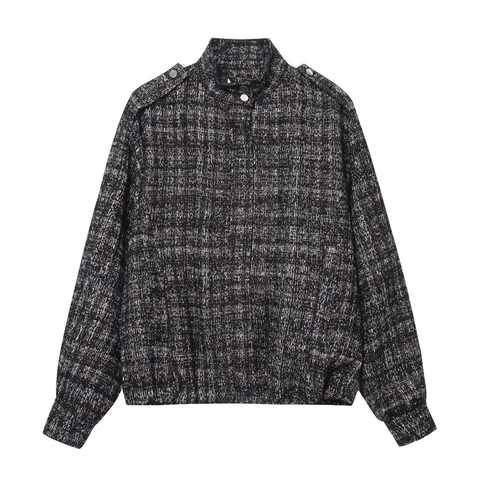 Vintage Damen Tweed Bomberjacke Metallgarn Stehkragen Lockerer Mantel Schulterklappen Und Silberne Metallknöpfe Oberbekleidung
