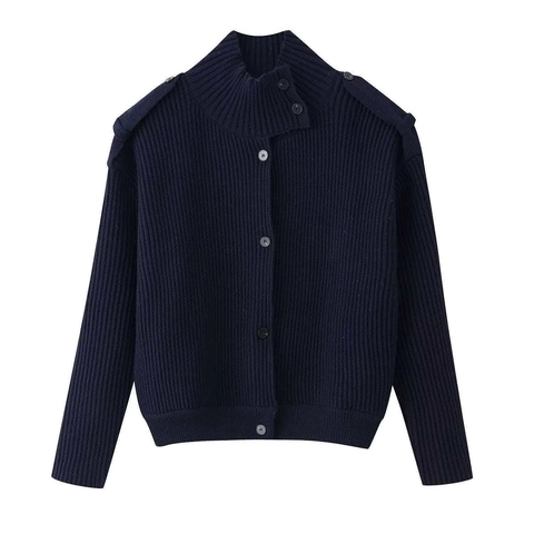 Damen Rippstrick Strickjacke Pullover Hochkragen Seitliche Knöpfe Epauletten Einfarbig Langarm Casual Lose Strickwaren Mantel