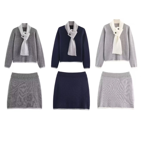 Women Knitted Long Sleeve Sweater And Mini Skirt Elegant Top and Skirt Contrast Color Scarf Collar Minimalist Outfits