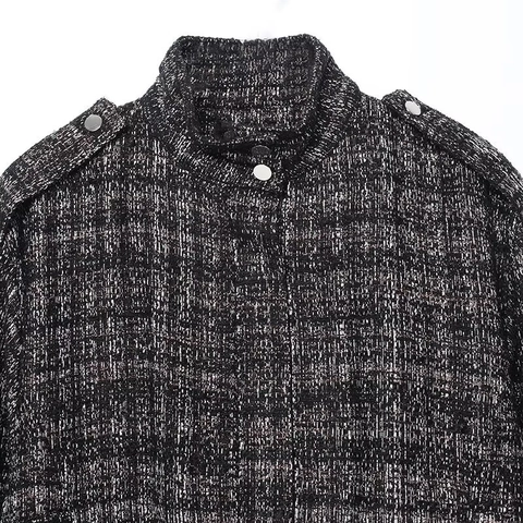 Vintage Damen Tweed Bomberjacke Metallgarn Stehkragen Lockerer Mantel Schulterklappen Und Silberne Metallknöpfe Oberbekleidung
