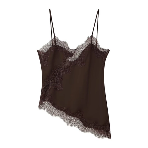 Dames Sexy Kant Satijn Cami Top Asymmetrische Zoom Rugloos Spaghetti Bandjes Lingerie Stijl Zomer Tank Top