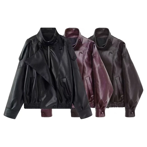 Damen Vintage Faux PU Lederjacke Stehkragen Motorradjacke Locker Langarm Casual Oberbekleidung Mantel