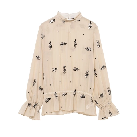 Blusa Elegante para Mujer con Bordado de Lentejuelas Florales Manga Larga Semi-Transparente Cuello Alzado Top Pullover