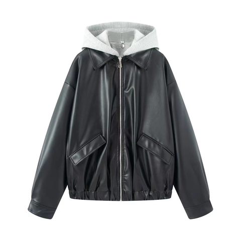 Women Fashion Loose Faux Leather Jacket With Grey Knit Hood Patchwork Casual Streetwear Zip Up Outerwear Coat For Winter