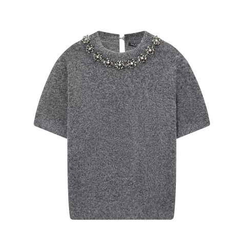 Elegante Dames Gebreide Top Grijs Ronde Hals Kralen Kristallen Bloem Korte Mouw Breigoed Pullover Trui Voor Feest