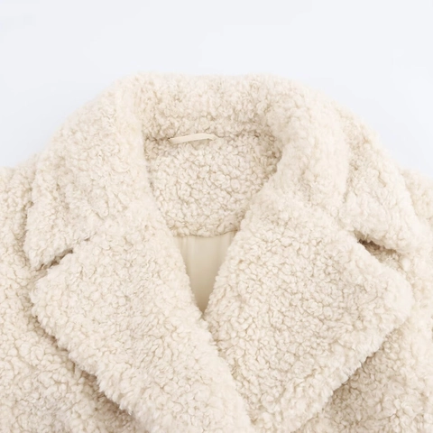 Cappotto da Donna Casual in Pile Sherpa Giacca Teddy Calda Manica Lunga Colletto a Revers Bianco Crema per Inverno