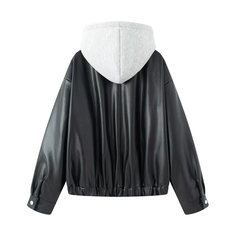 Women Fashion Loose Faux Leather Jacket With Grey Knit Hood Patchwork Casual Streetwear Zip Up Outerwear Coat For Winter