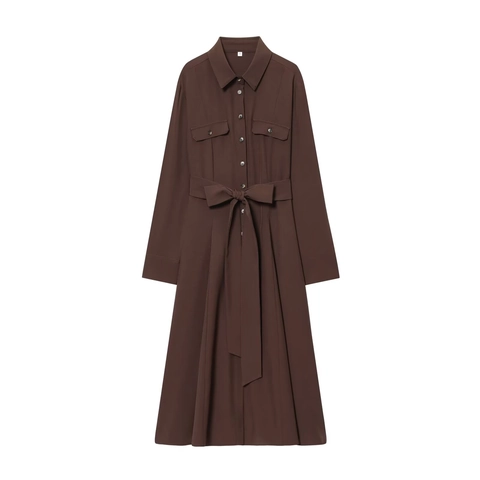 Vestido Camisero Elegante de Manga Larga para Mujer con Cinturón de Un Solo Pecho Solapa Color Sólido Café Midi Línea A Moda