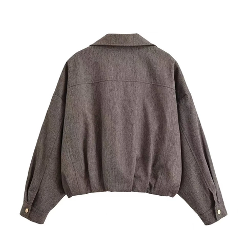 Chaqueta Bomber de Espiga para Mujer Abrigo Corto Holgado Casual Con Bolsillos Con Cremallera y Solapa Ropa de Abrigo Vintage Color Café Aspecto Lana