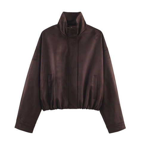 Giacca Bomber Chic Da Donna In Finta Pelle Scamosciata Con Collo In Piedi Marrone Cioccolato Soprabito Corto Largo Cappotto Pendolare Elegante