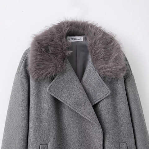 Women's Elegant Gray Woolen Coat With Faux Fur Collar Solid Color Long Sleeve Suit Collar Warm Jacket For Autumn Winter