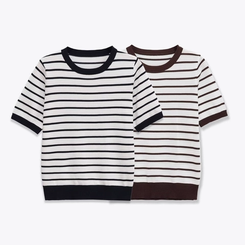 Women Casual Striped Knit Short Sleeve Top Round Neck Ribbed Trim Basic Soft Pullover Lightweight Knitted Tee