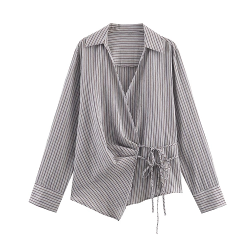 Dames Casual Gestreepte Overslaghemd Zijstrik Lange Mouw V-Hals Asymmetrische Zoom Polyester Blouse Elegant Kantoor Top