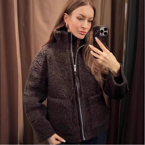 Dames Nepbont Opstaande Kraag Jas Lange Mouw Rits Mantel Met Grote Zakken Effen Kleur Losse Warme Winterkleding