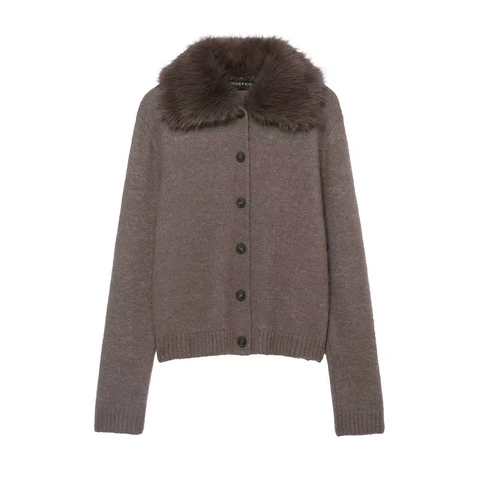 Cardigan Élégant en Tricot pour Femmes Avec Col en Fausse Fourrure Manches Longues Boutonné Couleur Unie Chaud Hiver