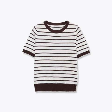 Women Casual Striped Knit Short Sleeve Top Round Neck Ribbed Trim Basic Soft Pullover Lightweight Knitted Tee