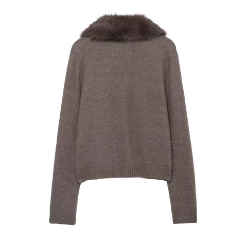 Cardigan Élégant en Tricot pour Femmes Avec Col en Fausse Fourrure Manches Longues Boutonné Couleur Unie Chaud Hiver