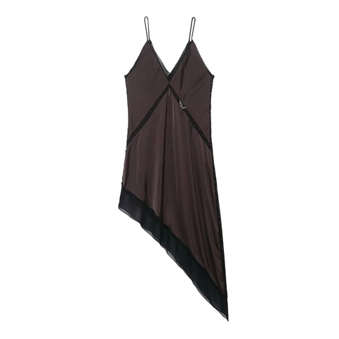 Damen Sexy Satin V-Ausschnitt Träger Nachthemd Spitze Patchwork Rückenfrei Asymmetrischer Saum Ärmellos Nachtwäsche Kaffee Langes Kleid