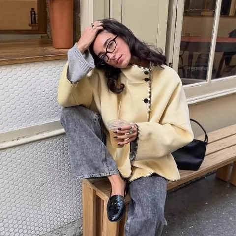 Cappotto in Lana da Donna Casual con Bordo a Contrasto Collo Alto Manica Lunga Tinta Unita Monopetto Giacca Autunno Inverno