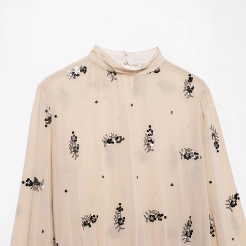 Damen Elegante Aprikose Halbdurchsichtige Chiffon Bluse Pailletten Blumenstickerei Stehkragen Rüschen Laternenärmel Top