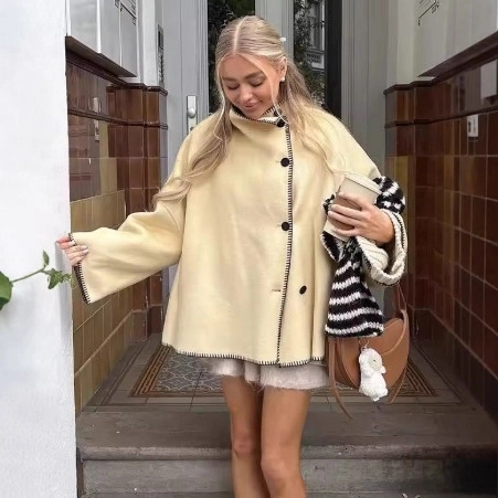 Cappotto in Lana da Donna Casual con Bordo a Contrasto Collo Alto Manica Lunga Tinta Unita Monopetto Giacca Autunno Inverno