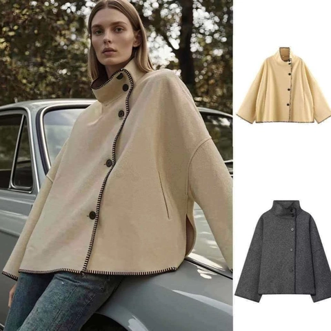 Women High Neck Short Woolen Coat Contrast Blanket Stitch Button Loose Cape Jacket Outerwear For Autumn Winter