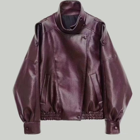 Damen Vintage Faux PU Lederjacke Stehkragen Motorradjacke Locker Langarm Casual Oberbekleidung Mantel