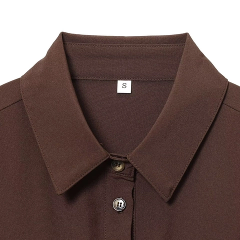 Vestido Camisero Elegante de Manga Larga para Mujer con Cinturón de Un Solo Pecho Solapa Color Sólido Café Midi Línea A Moda