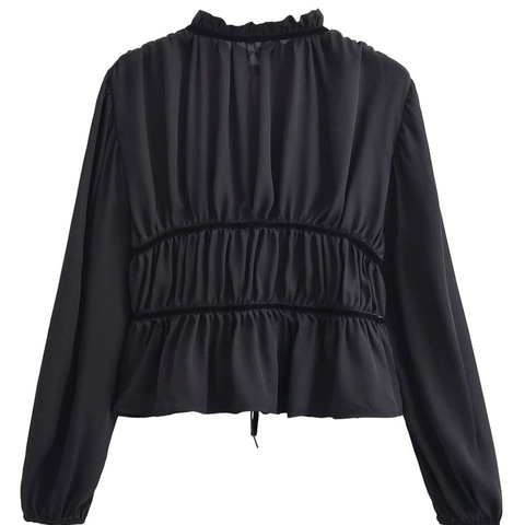 Vintage Dames Zwarte Rimpel Staande Kraag Blouse Lange Lantaarnmouwen Strik Smock Taille Peplum Elegant Polyester Top