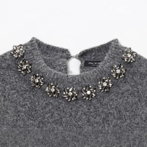 Elegante Dames Gebreide Top Grijs Ronde Hals Kralen Kristallen Bloem Korte Mouw Breigoed Pullover Trui Voor Feest