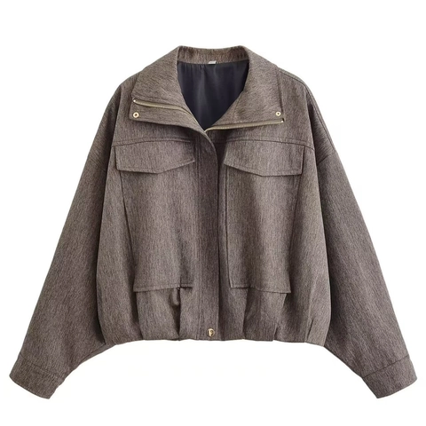 Chaqueta Bomber de Espiga para Mujer Abrigo Corto Holgado Casual Con Bolsillos Con Cremallera y Solapa Ropa de Abrigo Vintage Color Café Aspecto Lana