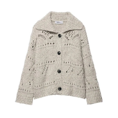 Women Hollow Out Knitted Cardigan Lapel Single Breasted Loose Long Sleeve Autumn Winter Vintage Sweater Jacket