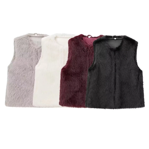 Chaleco de Piel Sintética Elegante para Mujer Cuello Redondo Sin Mangas Cálido Chaleco de Pelo Color Sólido Otoño Invierno Ropa de Abrigo