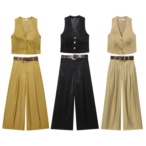 Women Satin Look Sleeveless Vest Top And Wide Leg Pants Solid Color Office Lady Elegant Outfit Golden Buttons V Neck