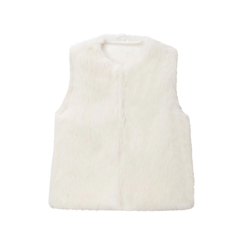 Chaleco de Piel Sintética Elegante para Mujer Cuello Redondo Sin Mangas Cálido Chaleco de Pelo Color Sólido Otoño Invierno Ropa de Abrigo