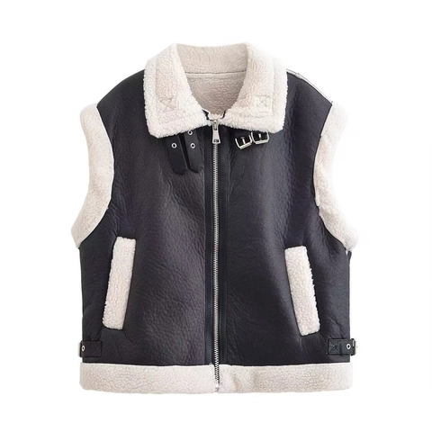 Dames Kunstleer Lamswol Vest Moto Stijl Opstaande Kraag Mouwloze Jas Rits Vest Contrasttrim Warme Bovenkleding