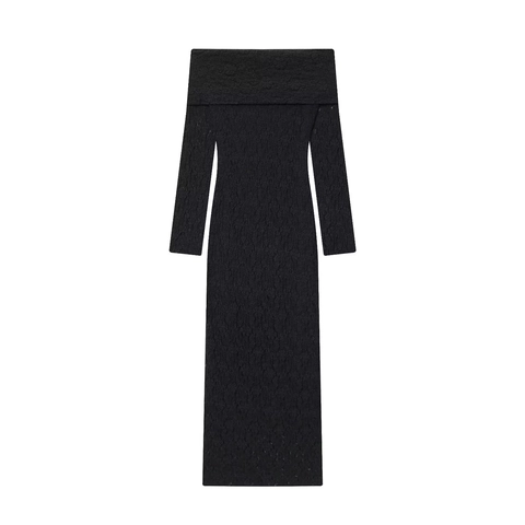 Elegant Off-The-Shoulder Lace Maxi Dress For Women Black Slim Fit Long Sleeve Celebrity Style Evening Party Dress
