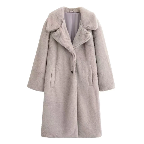 Women Fashion Faux Mink Fur Coat Lapel Long Sleeve Winter Warm Long Outerwear Elegant Solid Color Casual Fleece Overcoat