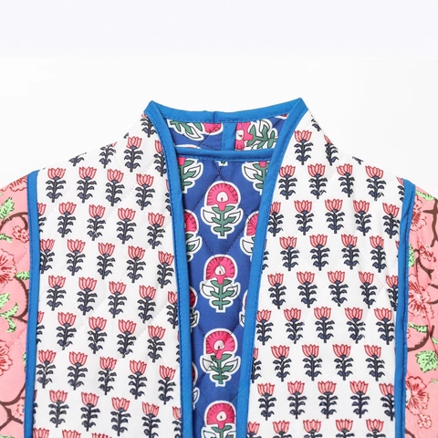 Giacca Trapuntata Patchwork Floreale Bohemien Donna Vintage Bordatura a Contrasto Manica Lunga Corta Cappotto Imbottito Cotone Casual