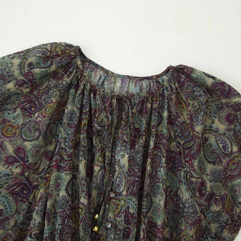Vestito Mini Vintage Stampa Paisley Con Filo Metallico Per Donna Boho Balze Manica Lunga Girocollo Con Fiocco Vita Elastica