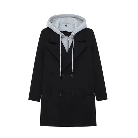 Dames Elegante Double-breasted Trenchcoat Met Capuchon Stiksels Halflang Herfst Lange Mouw Effen Kleur Jas
