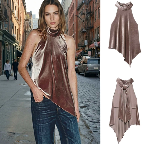Top Sin Mangas con Cuello Halter Elegante para Mujer Dobladillo Asimétrico Textura de Satén Color Sólido Malva con Lazos