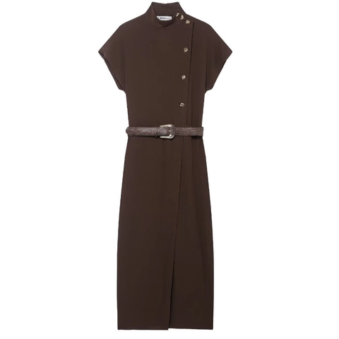 Elegante Bruine Maxi Jurk Met Korte Mouwen En Col Met Gouden Leeuwenknopen En Riem Voor Dames Kantoor Mode