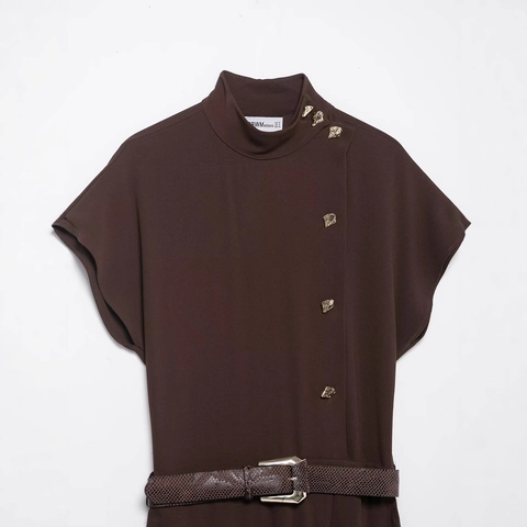 Elegante Bruine Maxi Jurk Met Korte Mouwen En Col Met Gouden Leeuwenknopen En Riem Voor Dames Kantoor Mode