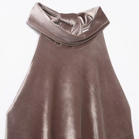Top Sin Mangas con Cuello Halter Elegante para Mujer Dobladillo Asimétrico Textura de Satén Color Sólido Malva con Lazos