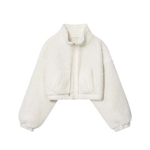 Women Casual Faux Lamb Wool Jacket Stand Collar Zipper Loose Solid Color Long Sleeve Warm Winter Coat Outwear